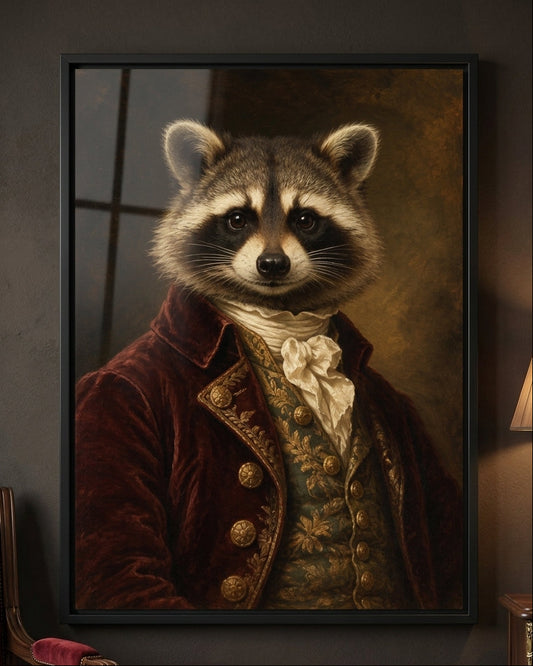 A framed portrait print of a raccoon dressed in historical clothing, hanging on a dark wall in an interior setting with a chair and lamp partially visible.