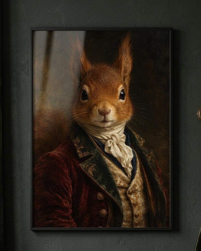 A framed vertical portrait print of a squirrel dressed in historical clothing, hanging on a dark textured wall.