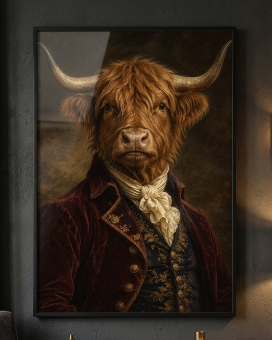 A framed vertical canvas print featuring a classical-style portrait of a highland cow dressed in a dark red velvet coat and white cravat, hung on a dark gray wall above a wooden console table.