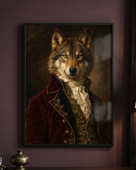 A framed vertical portrait print of a wolf dressed in historical clothing, hanging on a dark purple wall above a wooden console table with decorative objects.