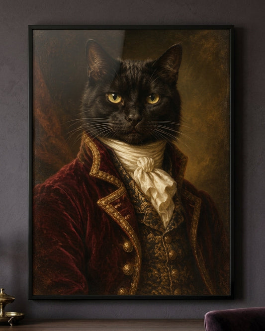 Regal Black Cat Portrait Print - Victorian Animal Art in Vintage Style