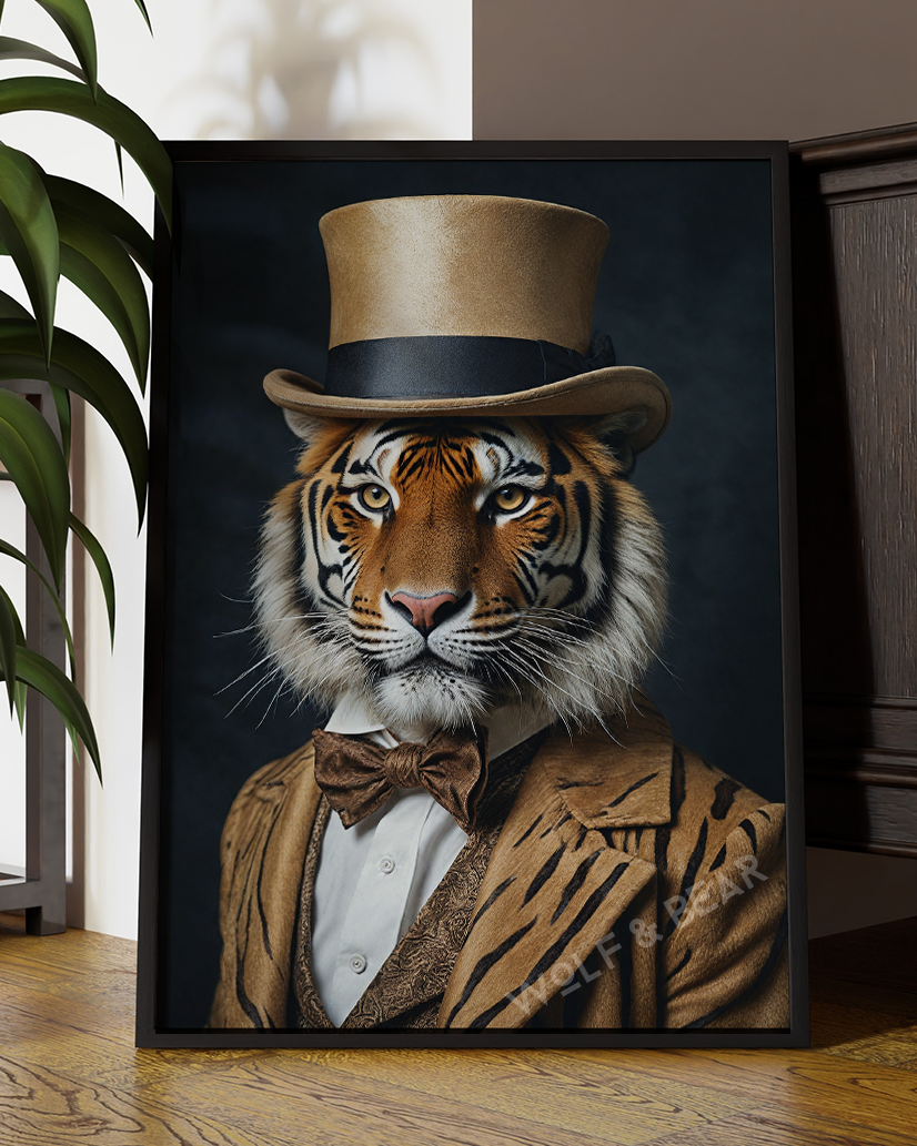 Tiger in suit with Top Hat Portrait | Altered Tiger Portrait Wall Art