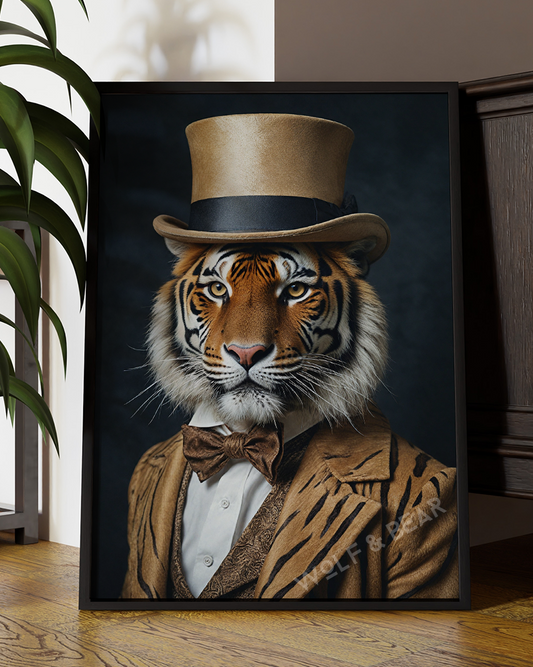 Tiger in suit with Top Hat Portrait | Altered Tiger Portrait Wall Art