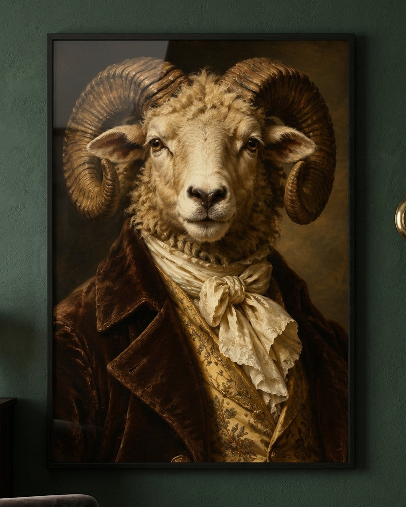 A framed art print featuring a classical-style portrait of a ram dressed in a brown velvet coat and cream cravat, displayed on a dark green wall.