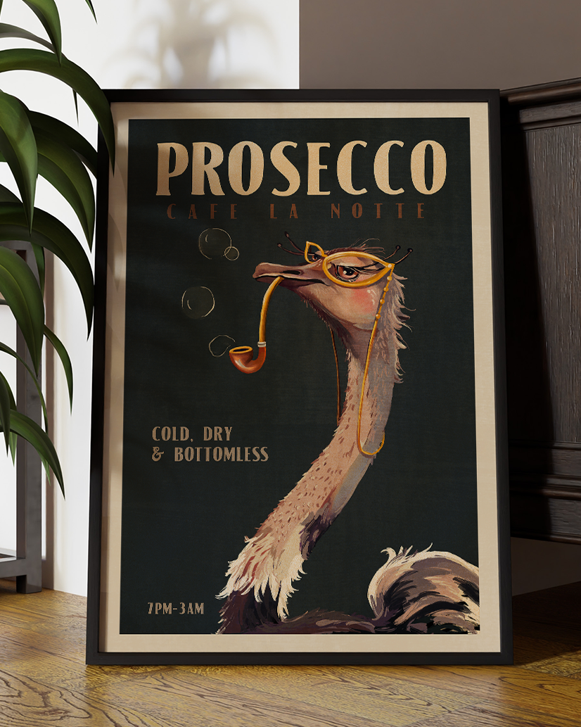 Art Deco Prosecco Wall Art Of An Ostrich