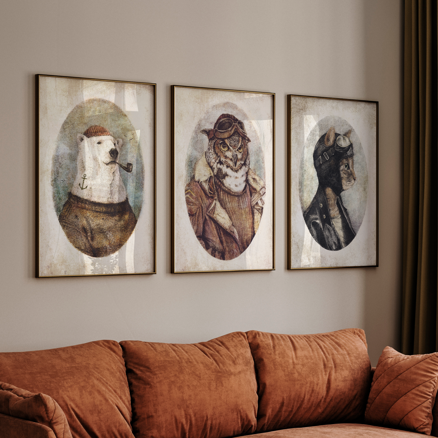 Vintage Animal Portrait Wall Art Set – Polar Bear, Owl & Monkey in Antique Style Set 3