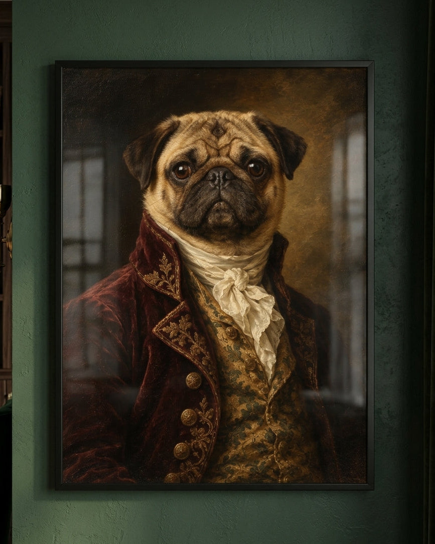 A framed vertical portrait print of a pug dressed in ornate historical clothing, hanging on a dark green wall. The artwork shows the dog in a burgundy coat and gold patterned vest with a white cravat against a dark brown background.