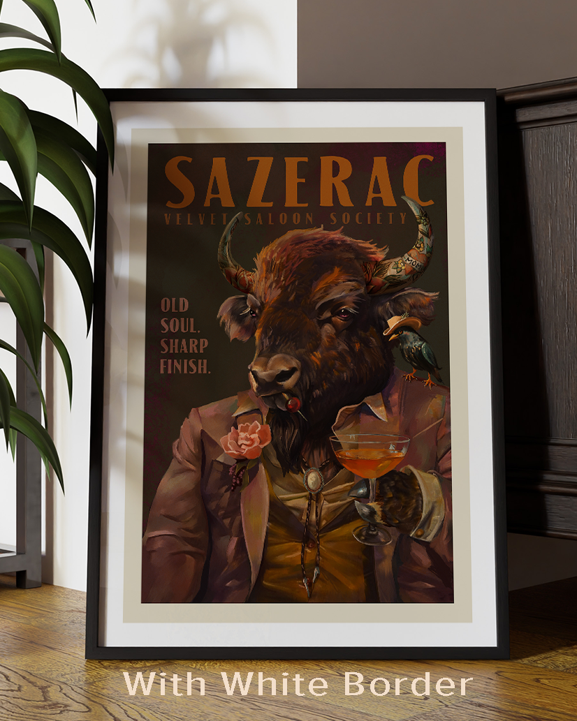 Buffalo Drinking Sazerac Cocktail. Alcohol  & Liquor Bar Art