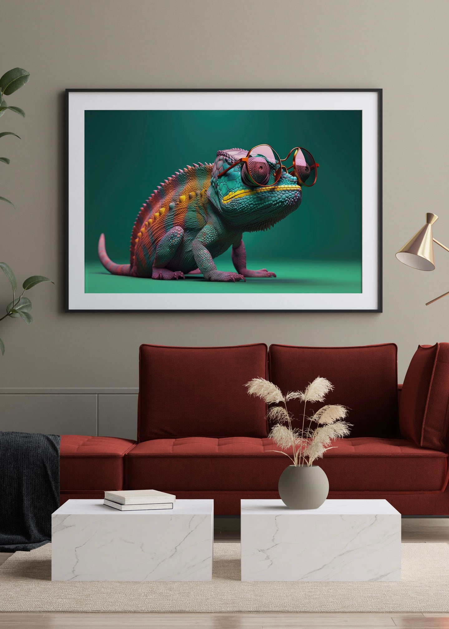 Chameleon Print wearing sunglasses Wall Art | Quirky Colourful Print