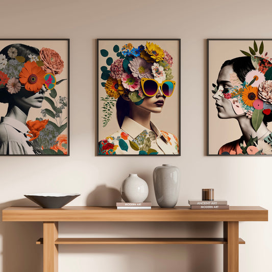 Floral Fashion Gallery Wall Set – Colorful Botanical Portrait Art Trio | Unique Gallery Wall Set