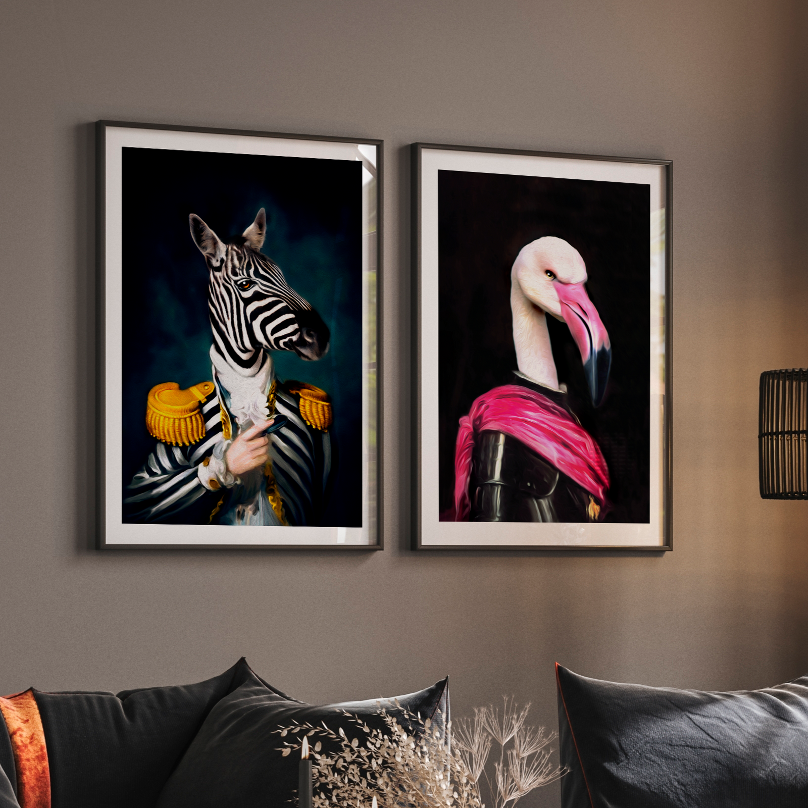Royal Safari Animal Portraits – Zebra & Flamingo Gallery Wall Art Set | Set of 2