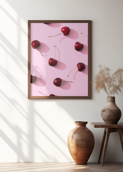 Cherries on pink background