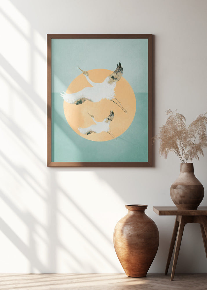 Mint Green Sun & Cranes