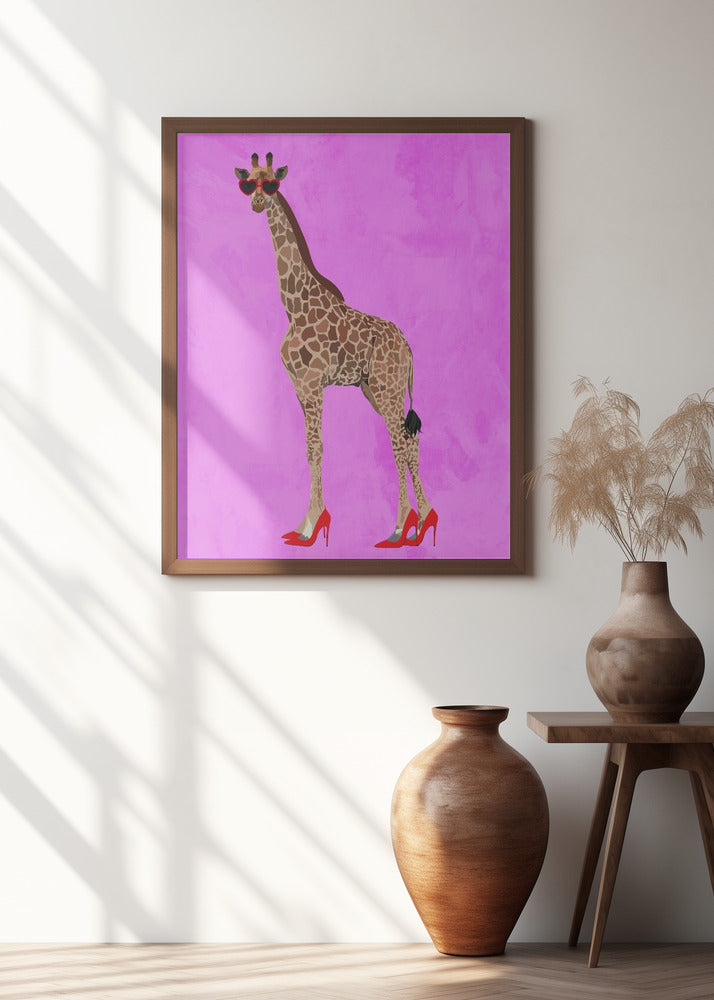 Giraffe wearing heels and heart glasses pink