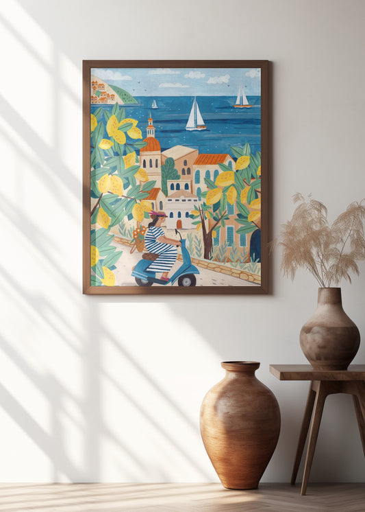 Travel poster woman on the Amalfi coast | Summer wall art