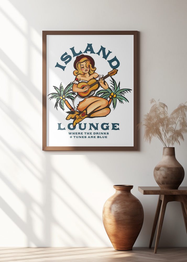 Island Lounge Tropical Pin Up Girl Playing Guitar