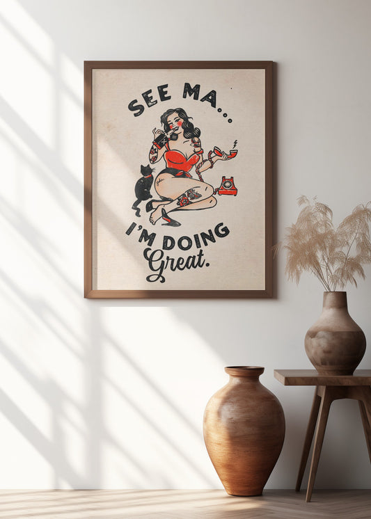 See Ma Poster Funny Vintage Pinup Girl &amp; Cat