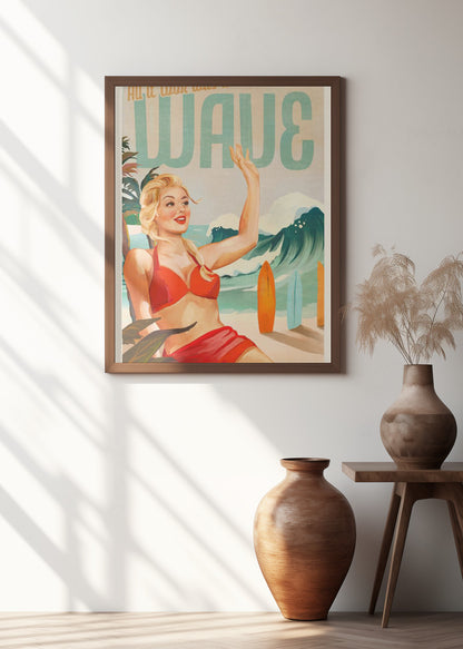 Surfing Pinup Girl On Beach In Bikini