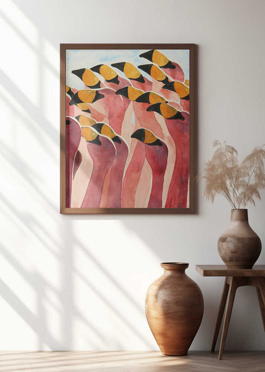 Group of Pink Flamingos With Heads Up