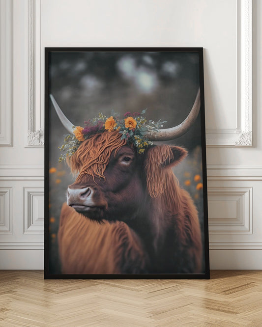 Highland Cow With Flowers
