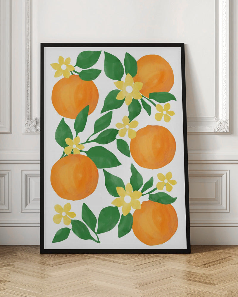 Oranges with Green Leaves and Delicate Yellow Flowers