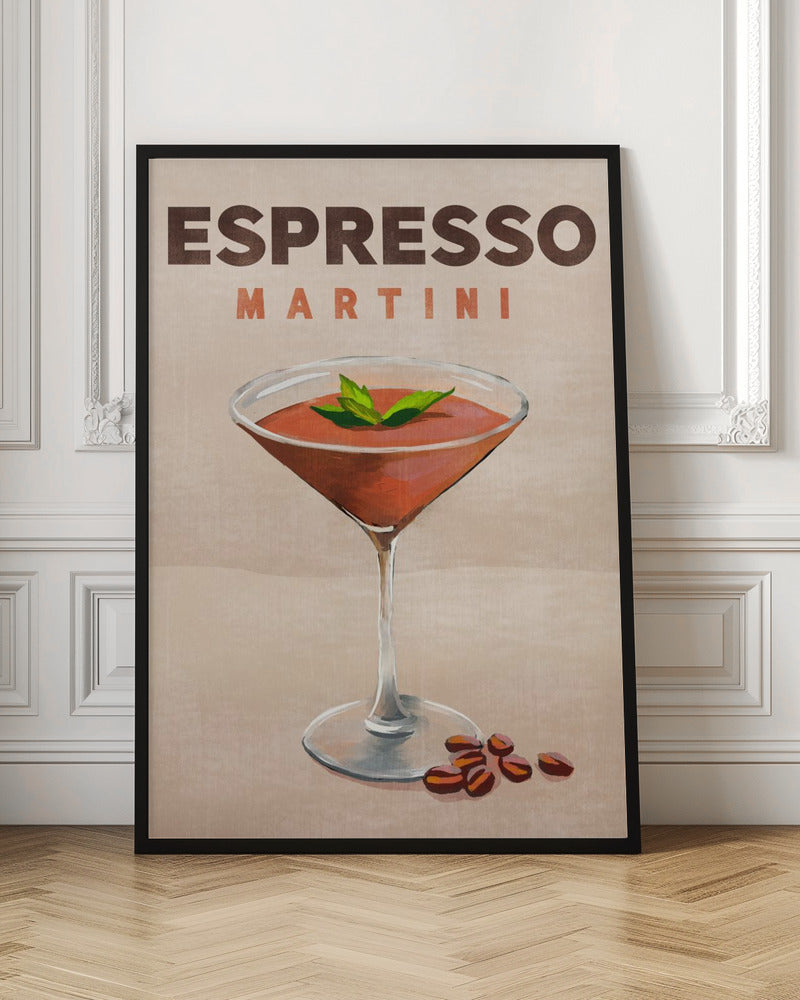 A framed poster of an Espresso Martini cocktail, with a depiction of a glass filled with a red-brown beverage, garnished with a green leaf, placed against a neutral background.