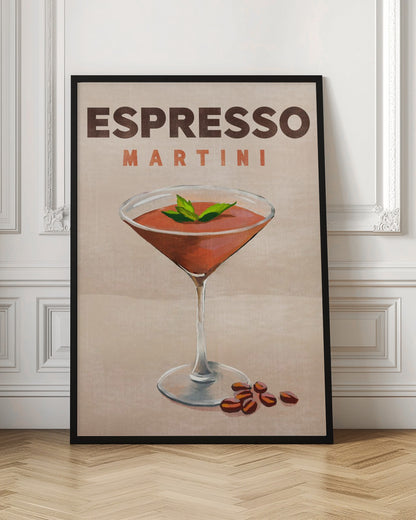 A framed poster of an Espresso Martini cocktail, with a depiction of a glass filled with a red-brown beverage, garnished with a green leaf, placed against a neutral background.