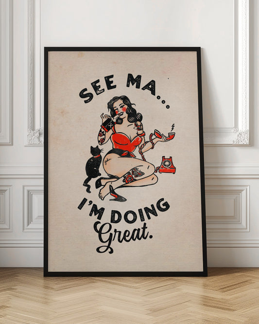 See Ma Poster Funny Vintage Pinup Girl &amp; Cat
