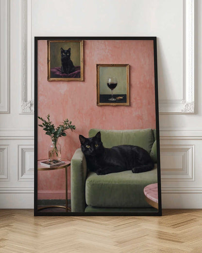 Black Cat On Green Sofa