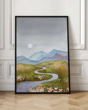 Load image into Gallery viewer, Blue Gray Hills Mountain Landscape With River and Moon

