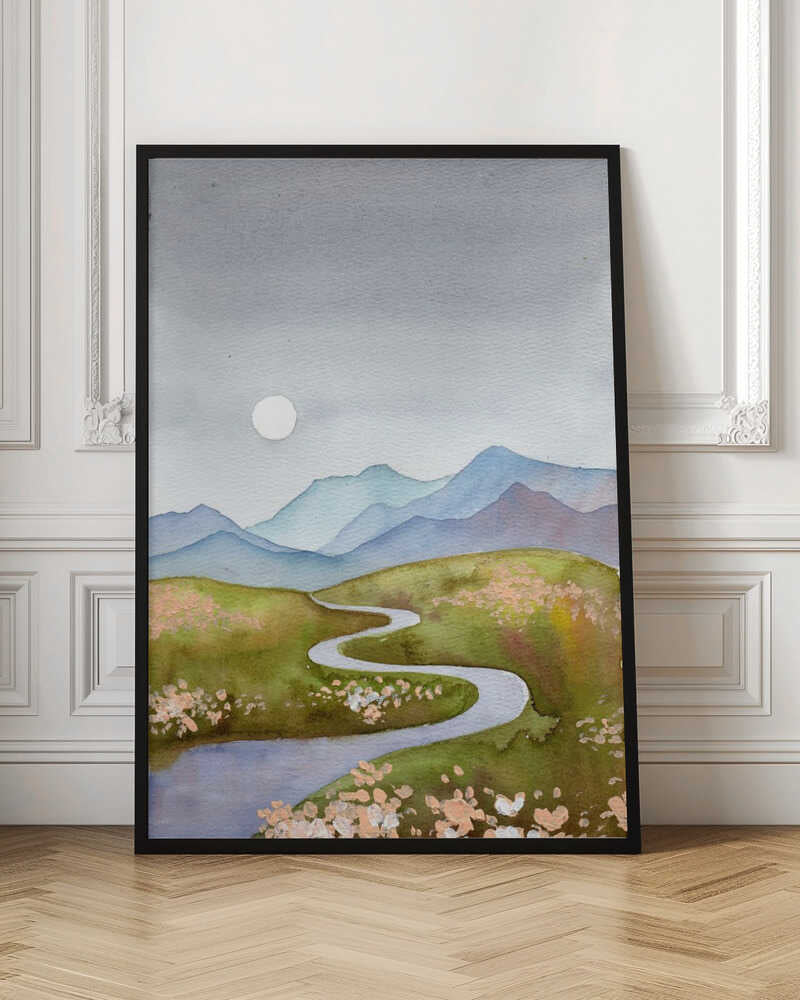 Blue Gray Hills Mountain Landscape With River and Moon