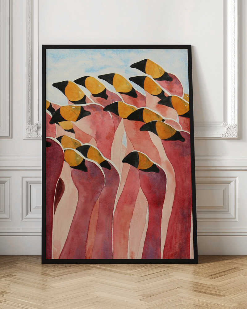 Group of Pink Flamingos With Heads Up