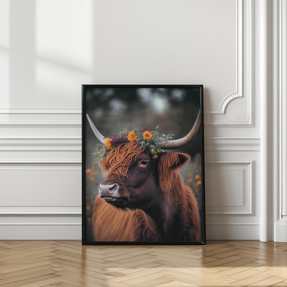 Highland Cow With Flowers