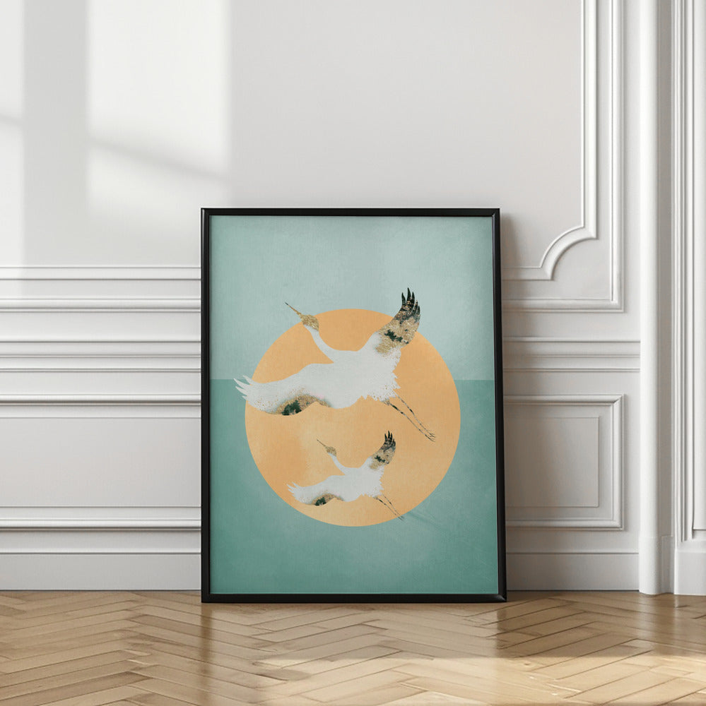 Mint Green Sun & Cranes
