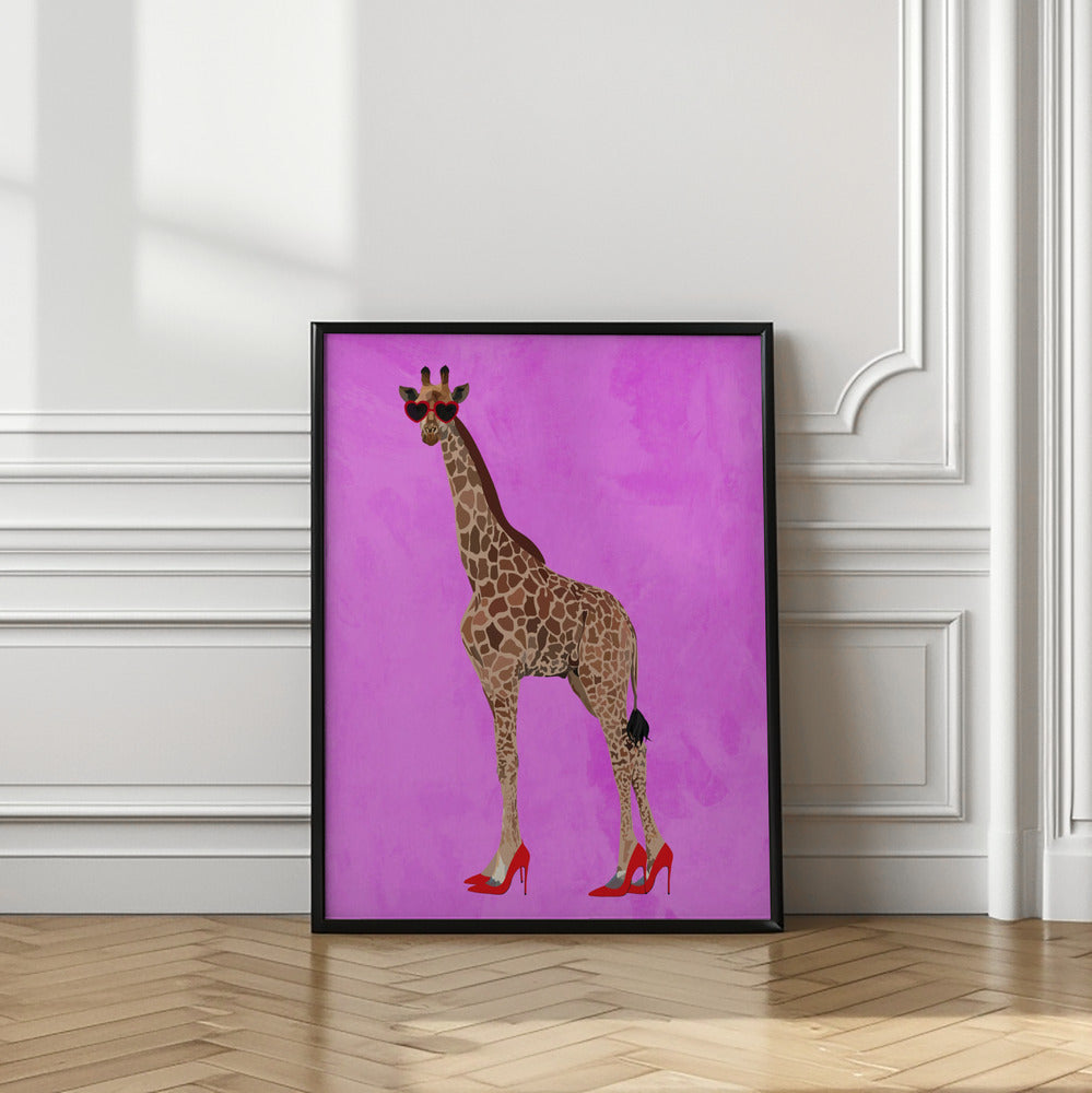 Giraffe wearing heels and heart glasses pink
