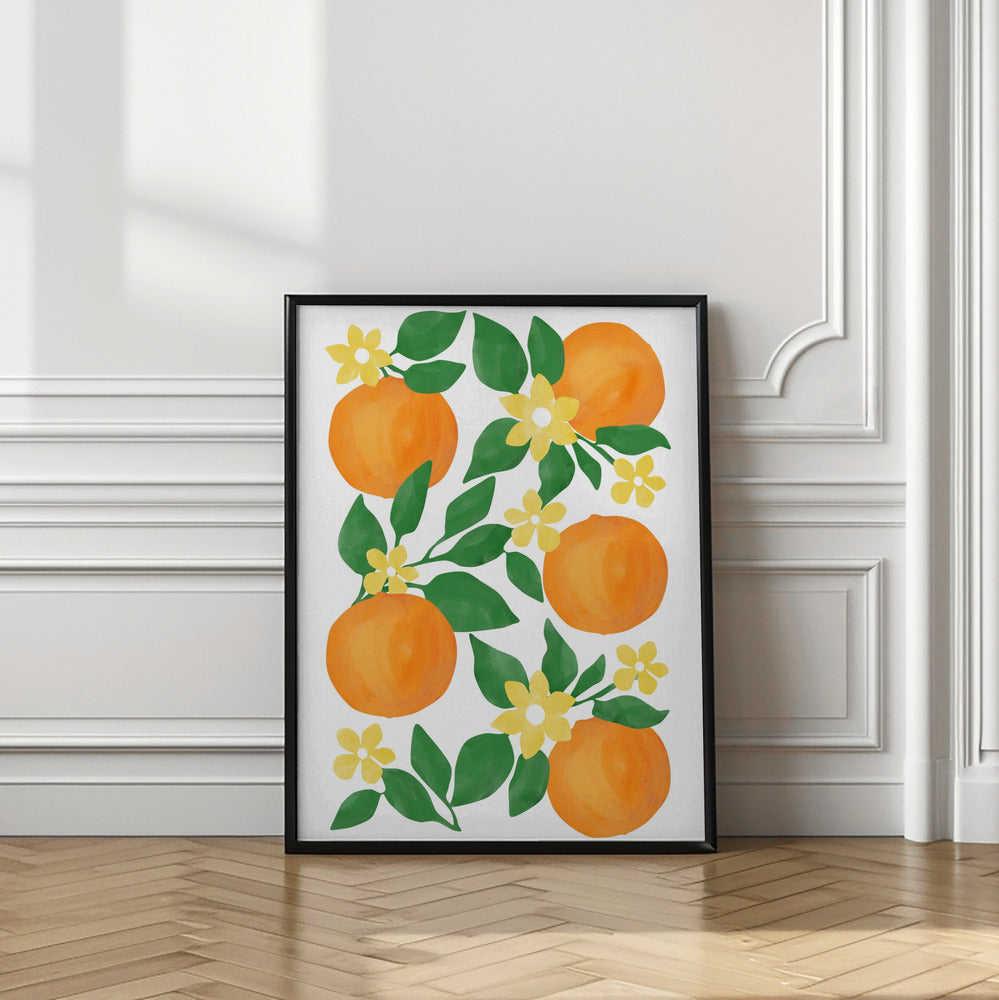 Oranges with Green Leaves and Delicate Yellow Flowers