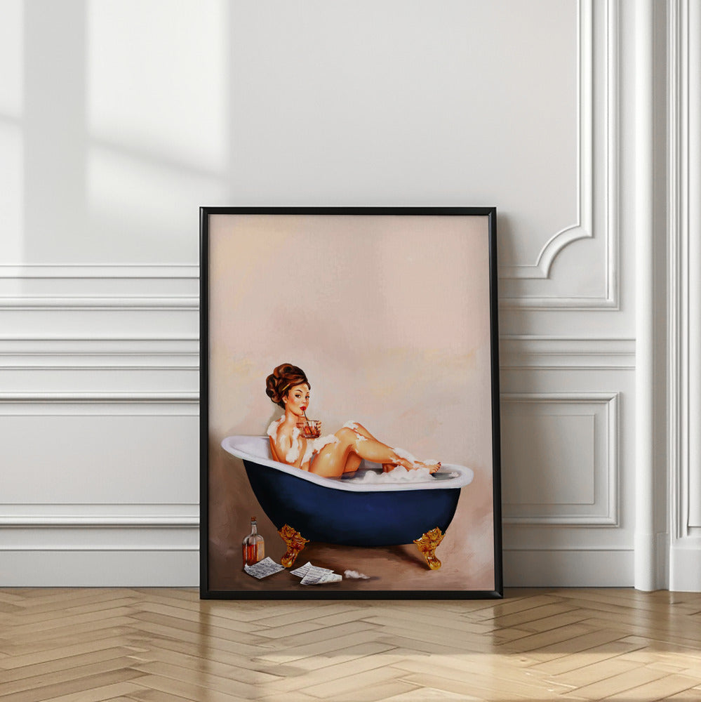 Bathtub Drinks: Pinup Girl Drinking In Bathroom