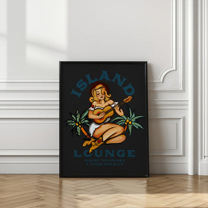 Island Lounge Tropical Pin Up Girl Playing Guitar