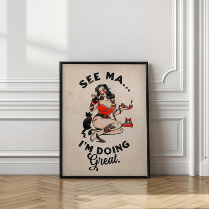 See Ma Poster Funny Vintage Pinup Girl &amp; Cat