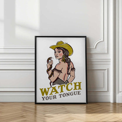 Watch Your Tongue Badass Pin-Up Cowgirl &amp; Rattlesnake