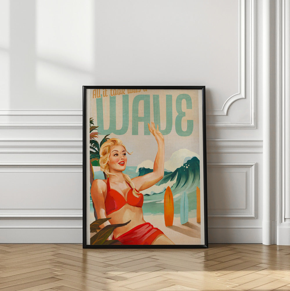 Surfing Pinup Girl On Beach In Bikini