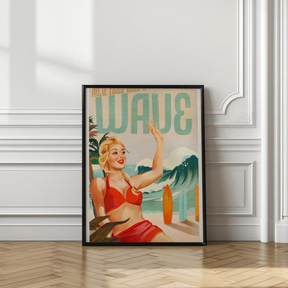 Surfing Pinup Girl On Beach In Bikini