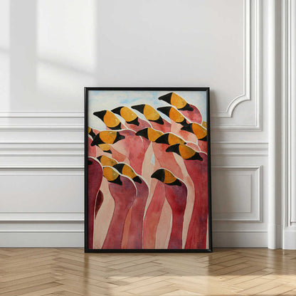 Group of Pink Flamingos With Heads Up