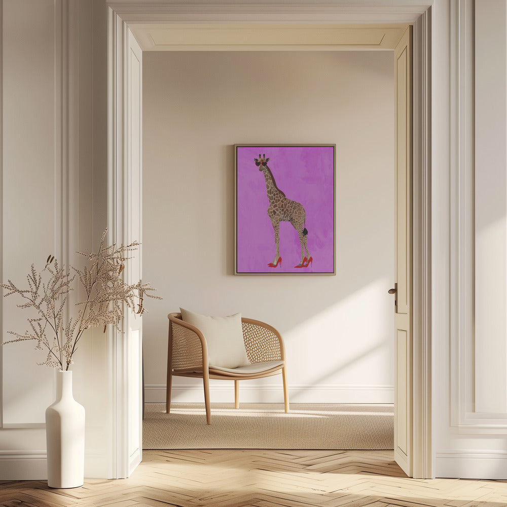 Giraffe wearing heels and heart glasses pink