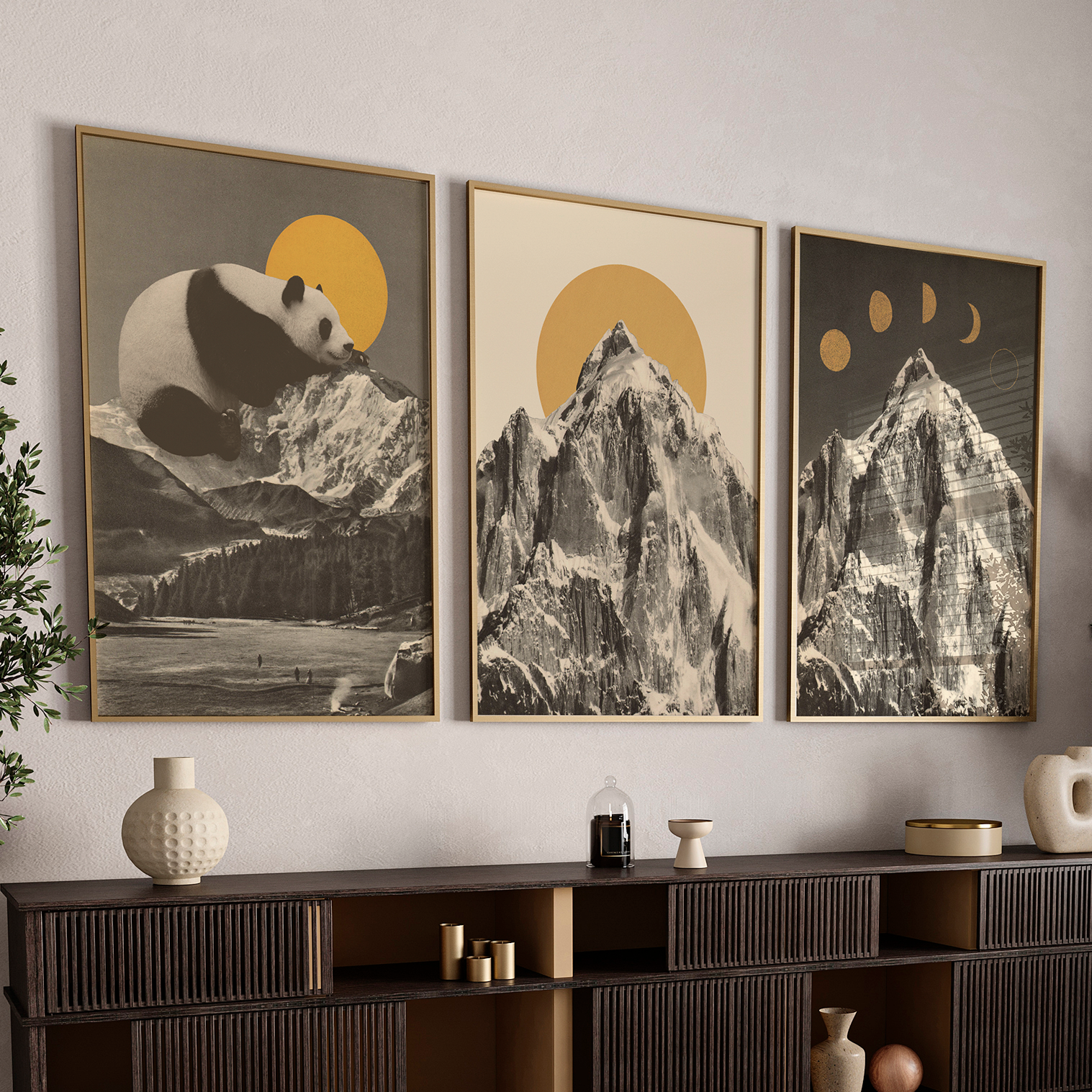 Golden Sun Panda & Mountain Trilogy Wall Art Set Gallery Set 3