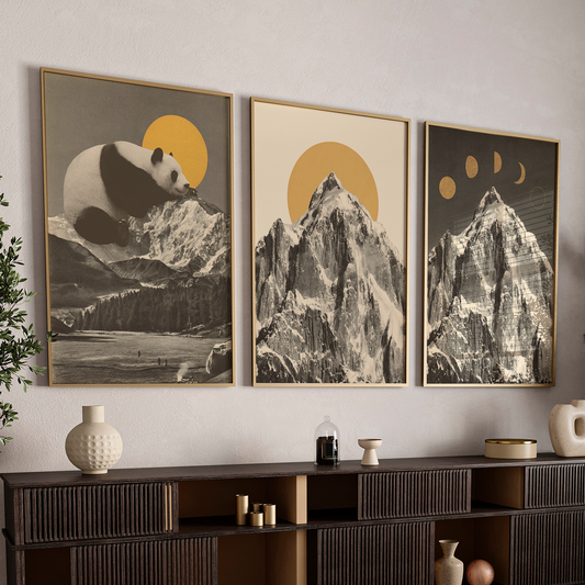 Golden Sun Panda & Mountain Trilogy Wall Art Set Gallery Set 3