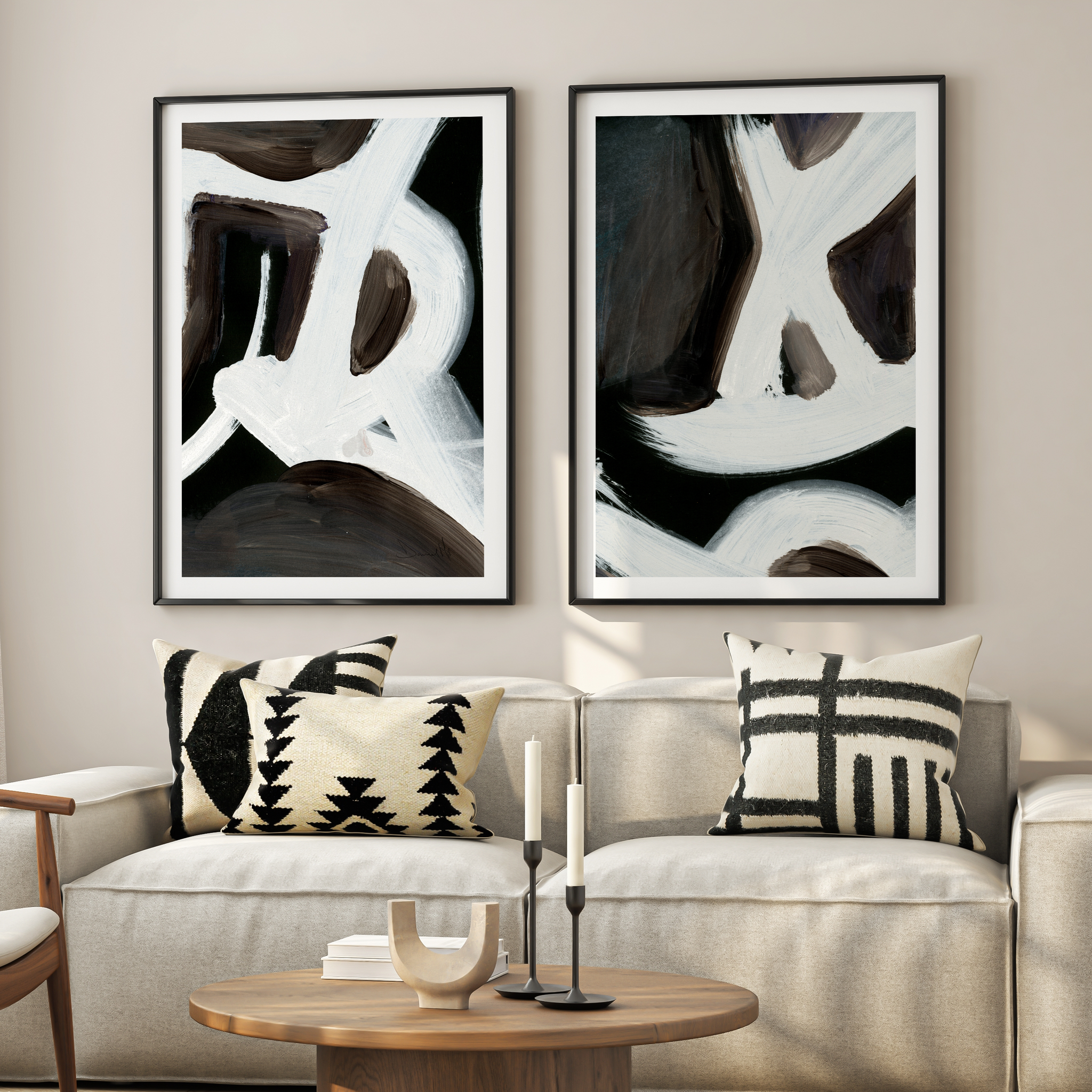Monochrome Motion Abstract Wall Art Set – Black & White Brushstroke Duo | Set of 2