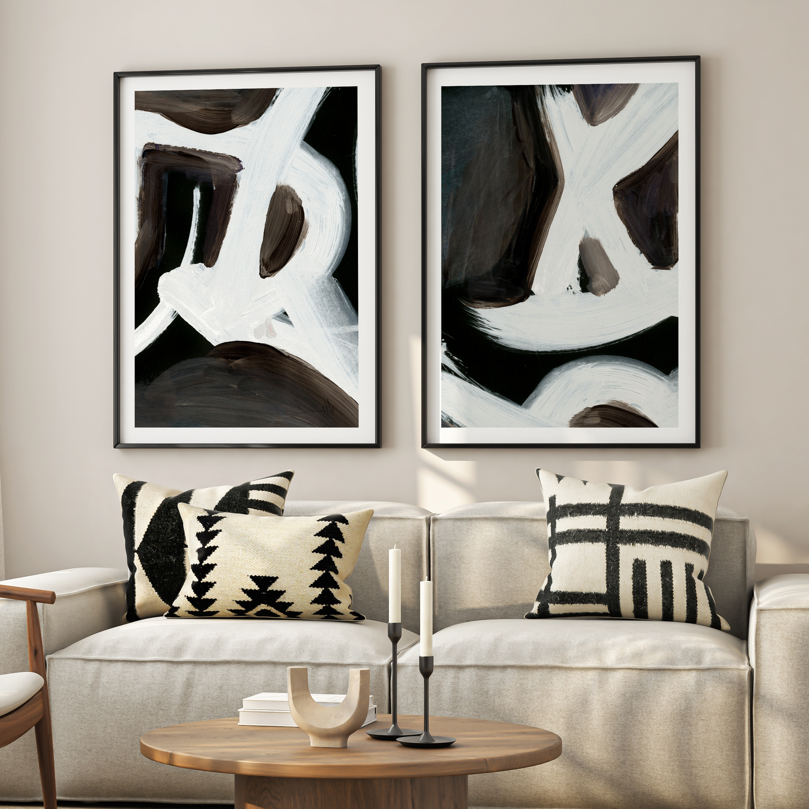 Monochrome Motion Abstract Wall Art Set – Black & White Brushstroke Duo | Set of 2
