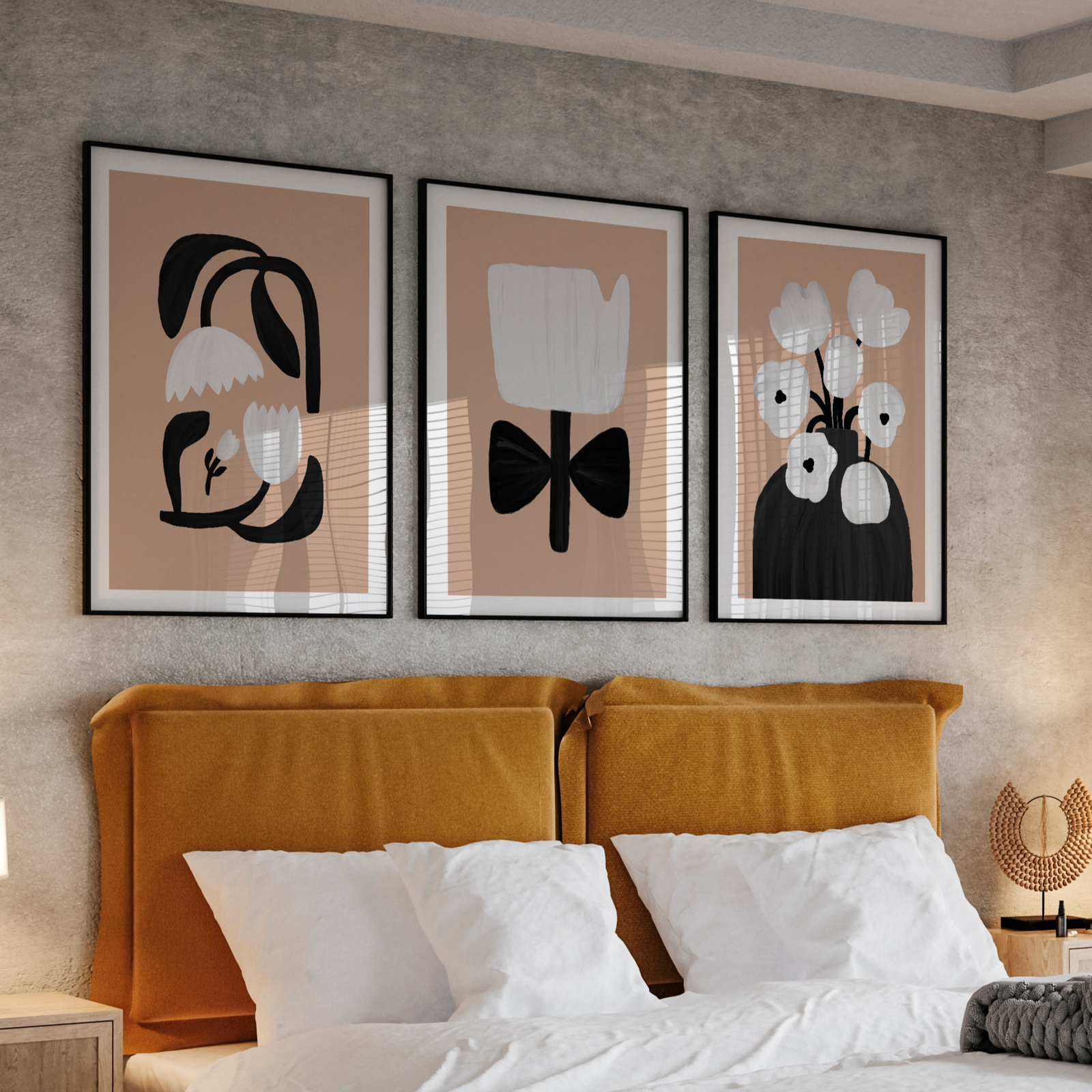 Minimalist Floral Wall Art Set – Neutral Botanical Trio in Black & Beige Gallery Set 3