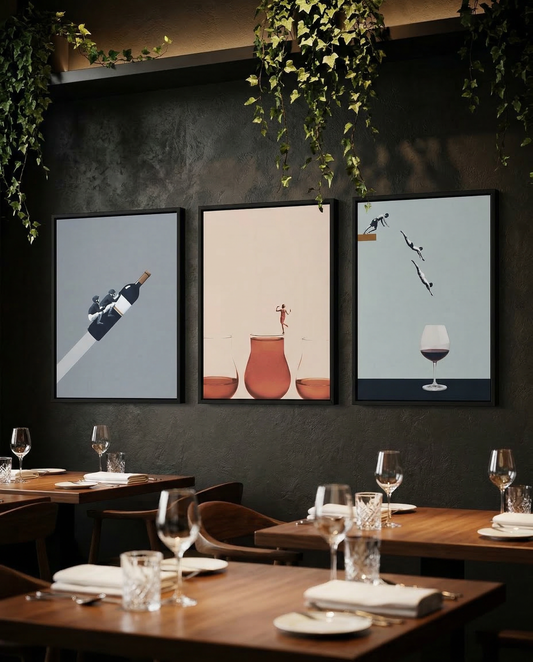 Wine Wall Art Set of 3 | Maarten Léon Framed Kitchen Prints, Dining Room Decor & Home Bar Gallery Wall